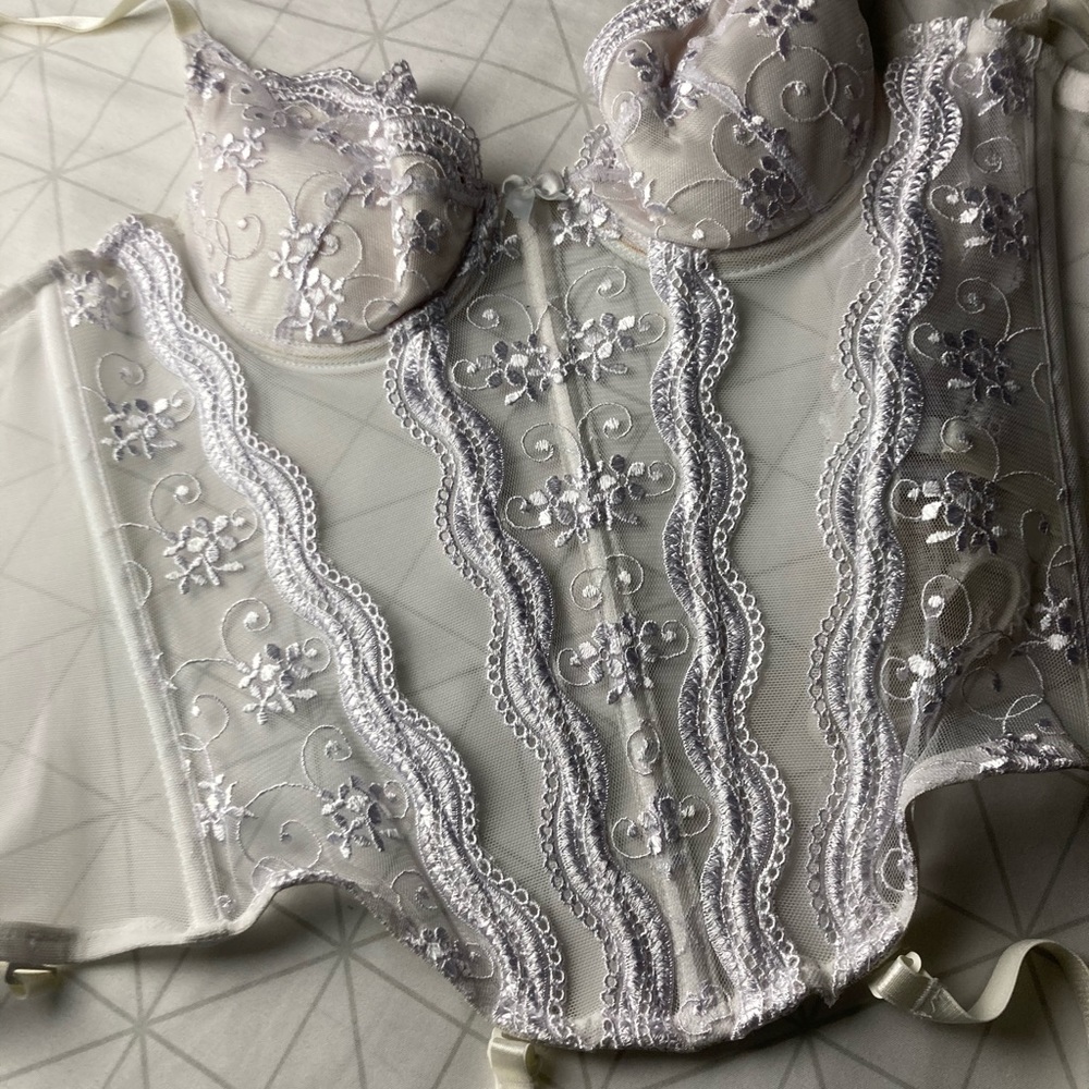 Embroidered lace corset with matching thong